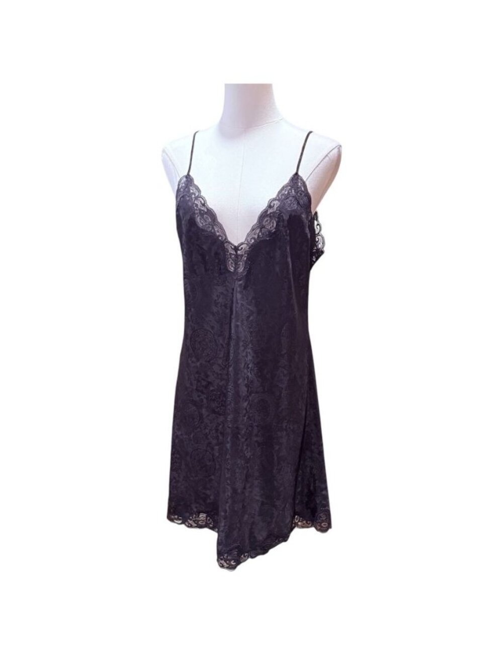 Vintage Victorias Secret Sz M Mini Slip Dress Chemise Black Lace Gold Label - Picture 2 of 8